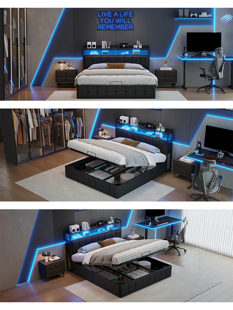 Comanlai 140x190cm Doppelbett-Gestell mit Polsterung, Pneumatischer Stauraum, LED-Beleuchtung, Ladeanschluss am Bett und Stauraum – Detail 1