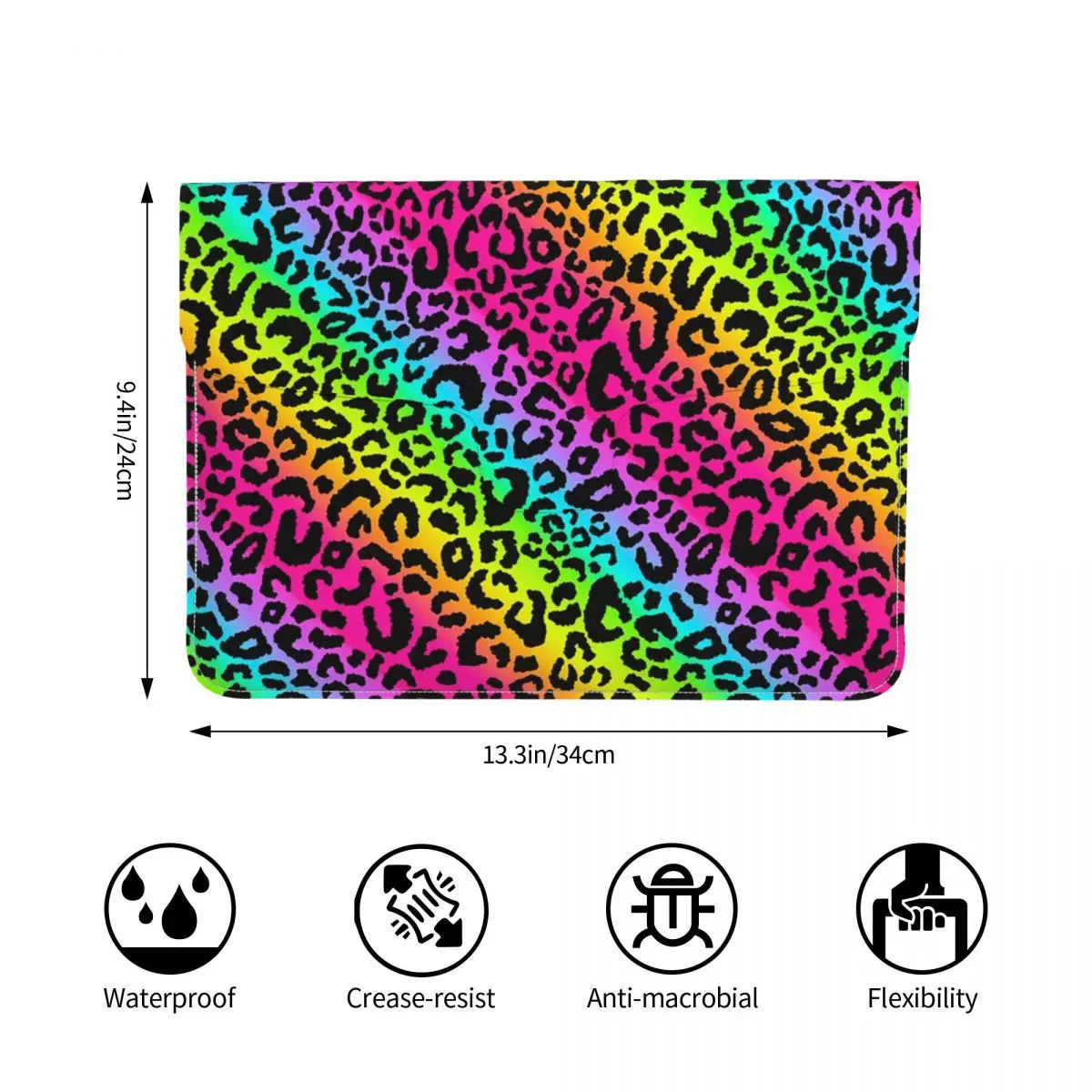 Colorful Rainbow Leopard Spots Pattern PU Leather Horizontal Laptop Sleeve Shockproof Soft Lining Notebook Case 13 Inch