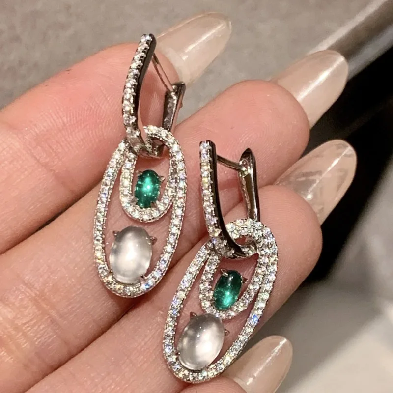 

Exquisite High quality interlocking earings natural ice chalcedony green white earrings for women charms silver 925 fine jewelry