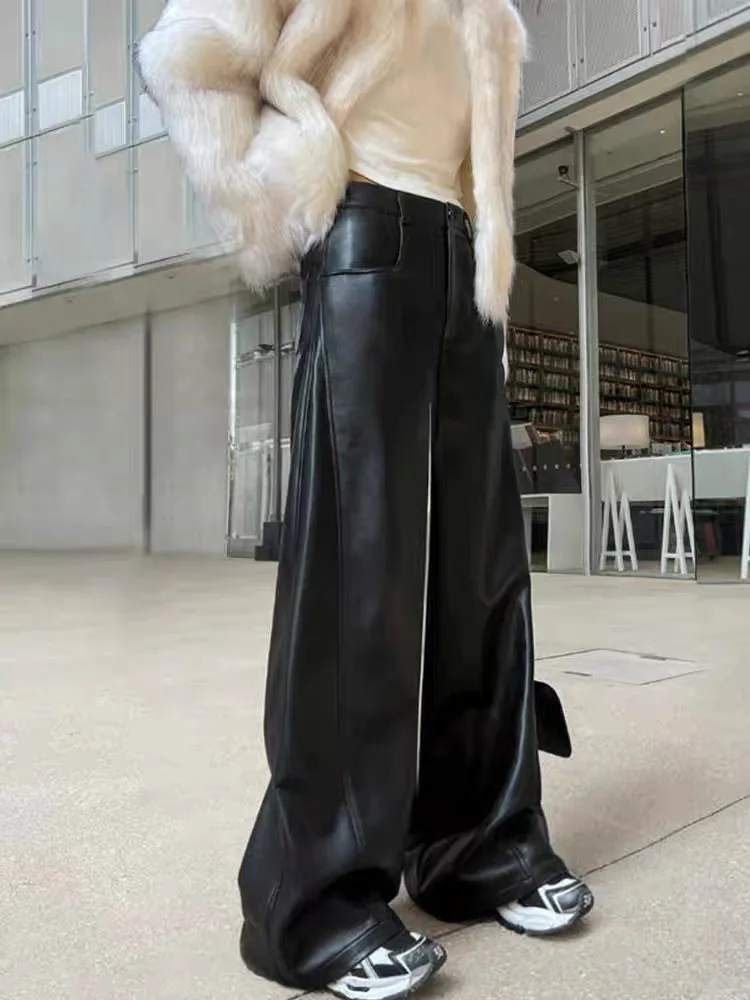 

eepskin Genuine Leather Casual Pants High Waist Button Closure Straight Leg Comfortable Soft Pure Color American Sle Loos...