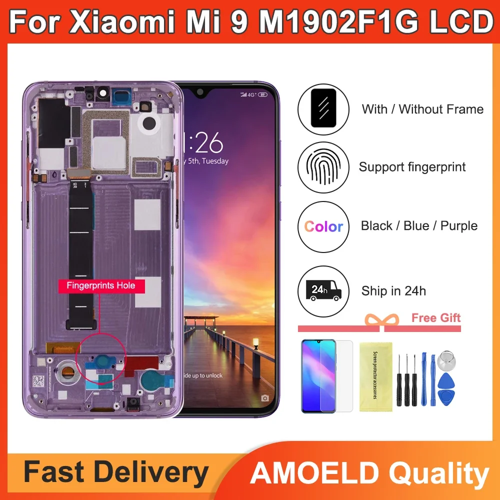 

AMOLED для Xiaomi Mi 9, ЖК-дисплей, преобразователь сенсорного экрана в сборе с рамкой для Xiaomi Mi9 M1902F1G, замена экрана