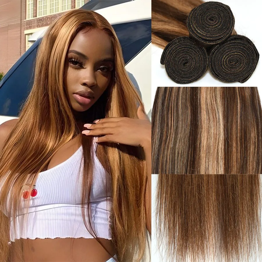 Extensiones de cabello humano P4/27 para mujer, extensiones de cabello peruano de 10-26 pulgadas, color marrón y Rubio, doble trama