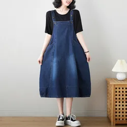 #2115 Summer Black Blue Vintage A-line Dress Sleeveless Casual Vintage Denim Dress Pockets Overall Midi Jeans Dress Femme Sexy