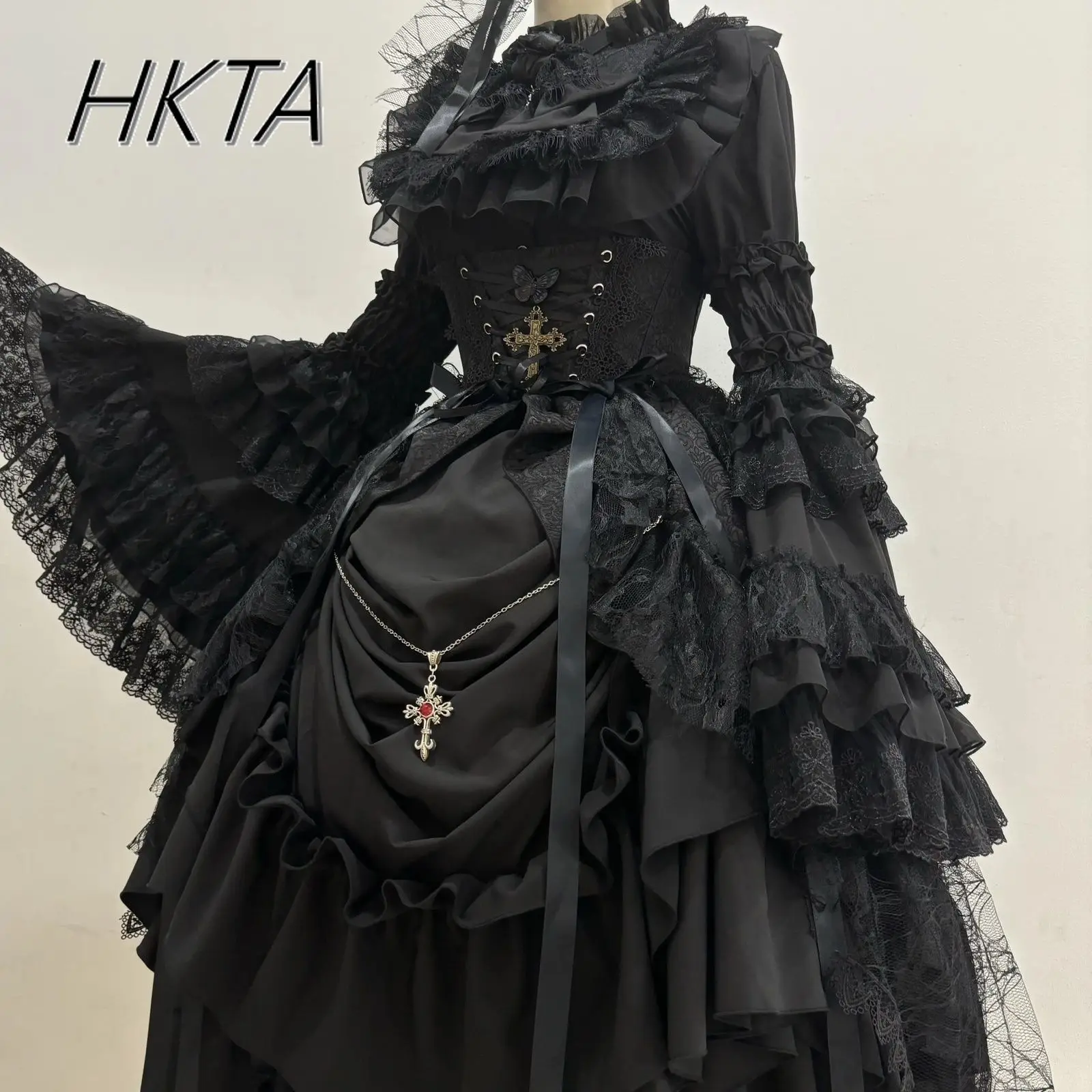 Gorgeous Gothic Style Sleeves High Waist Shirts Slim Fit Pleated White Long Skirts Women Lace Bow Lolita Y2k Skirt 3 Piece Sets - Image 5