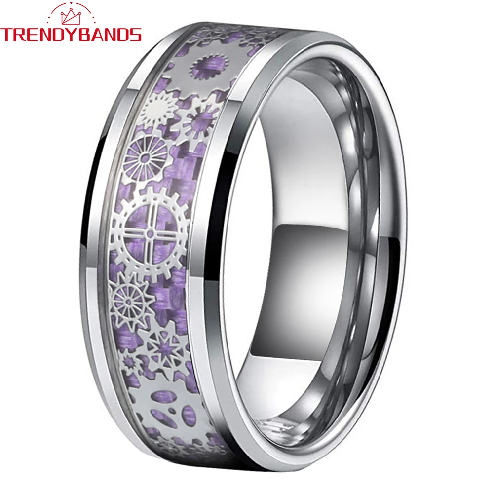 

8mm 6mm Tungsten Carbide Ring for Men Women Beveled Edges Gear Purple Carbon-Fiber Inlay Polished Finished Comfort Fit