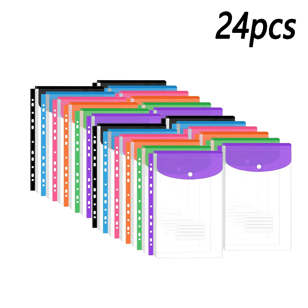 

24pcs vertical file bags. Ring binder 11-hole bag with label pocket and snap closure, suitable for home office document storage