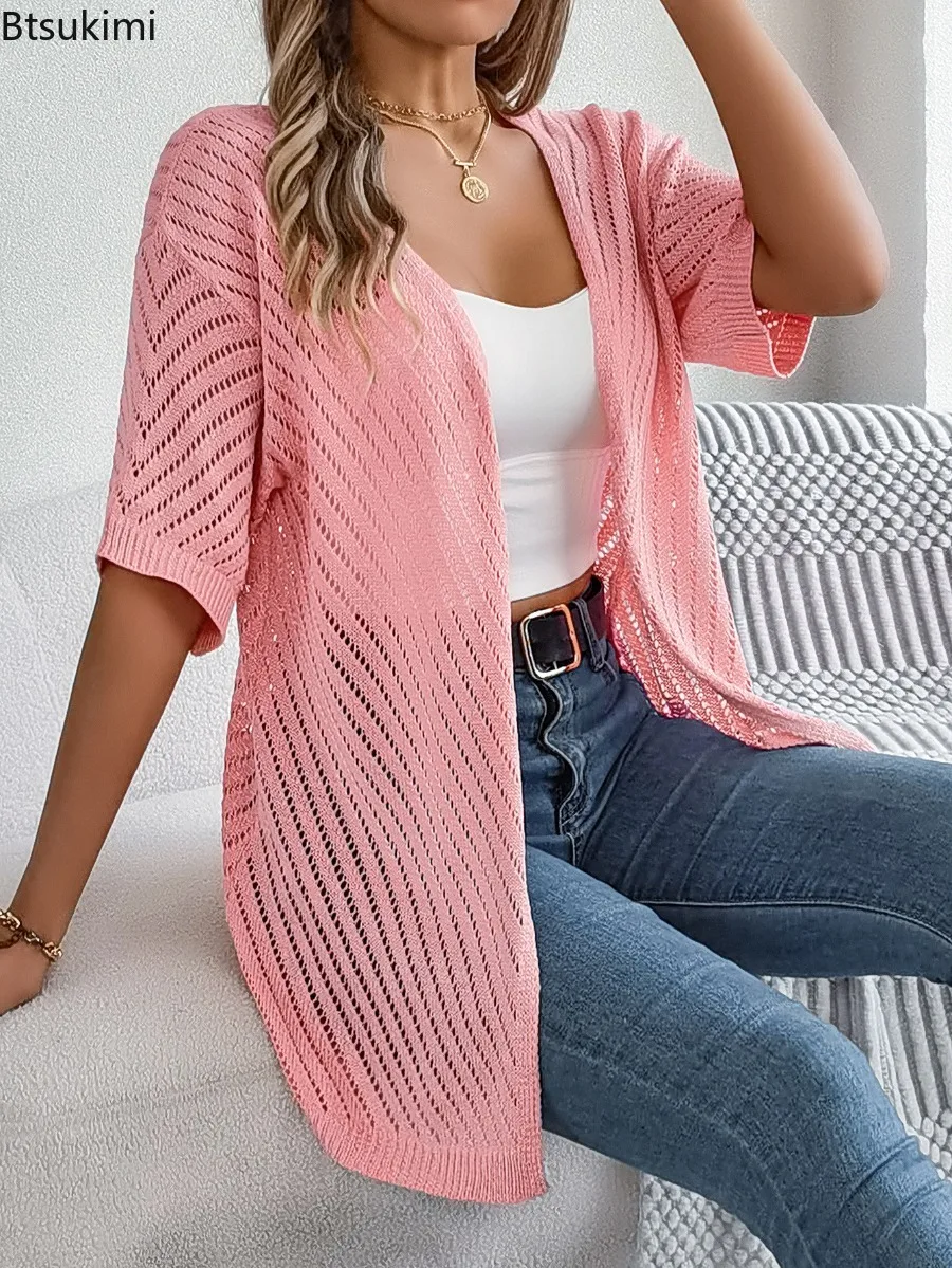 2025 Women's Spring Summer Hollow Knitted Cardigan Solid Color Short Sleeve Sunscreen Shirt Fashion Leisure Vacation Clothing
