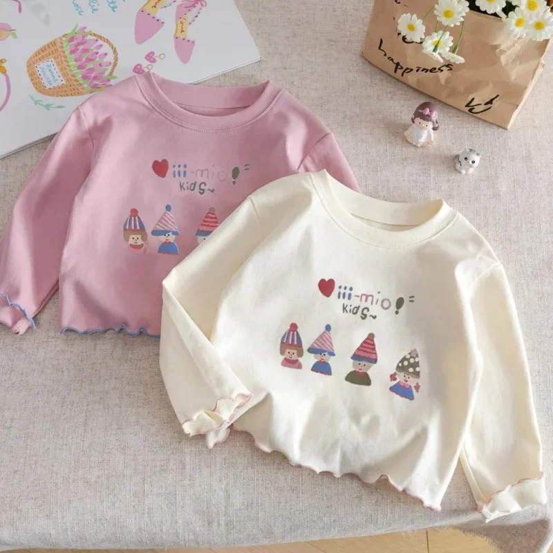Spring Autumn New Girls 100% Cotton Long Sleeve T Shirt Ruffle Crew Neck Casual Versatile Baby Kids Frill Edge Soft Cotton Tops
