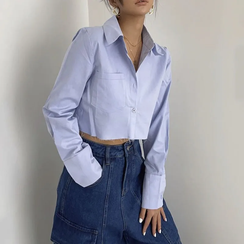 

Women Long Sleeve Crop Shirt Simple Solid Lapel Button Front Pocke Blouse 2023 Fashion Female Chic Tops Casual Streetwear