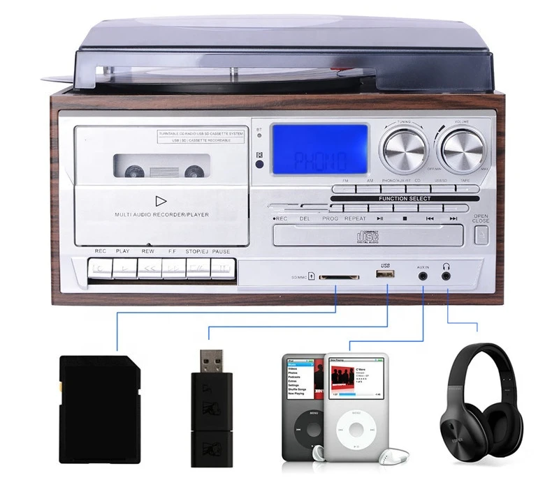 All In One Turntable Player Gramophone Vinyl Record Player With External Speakers AM FM Radio Bluetooth Cassette Play