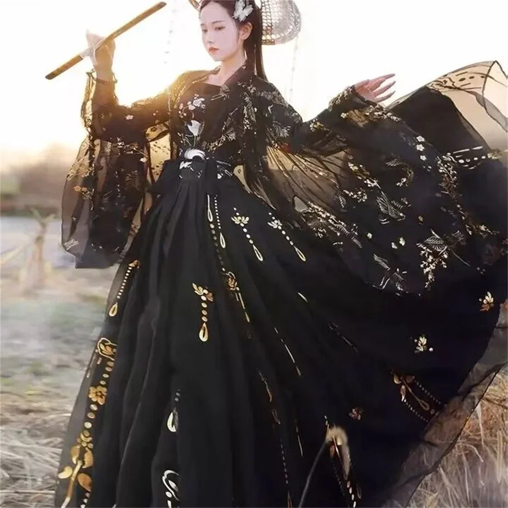 

Ancient Traditional Chinese Women Hanfu Dress Fairy Embroidery Stage Folk Dance Costume Retro Traditional cosplay dress black