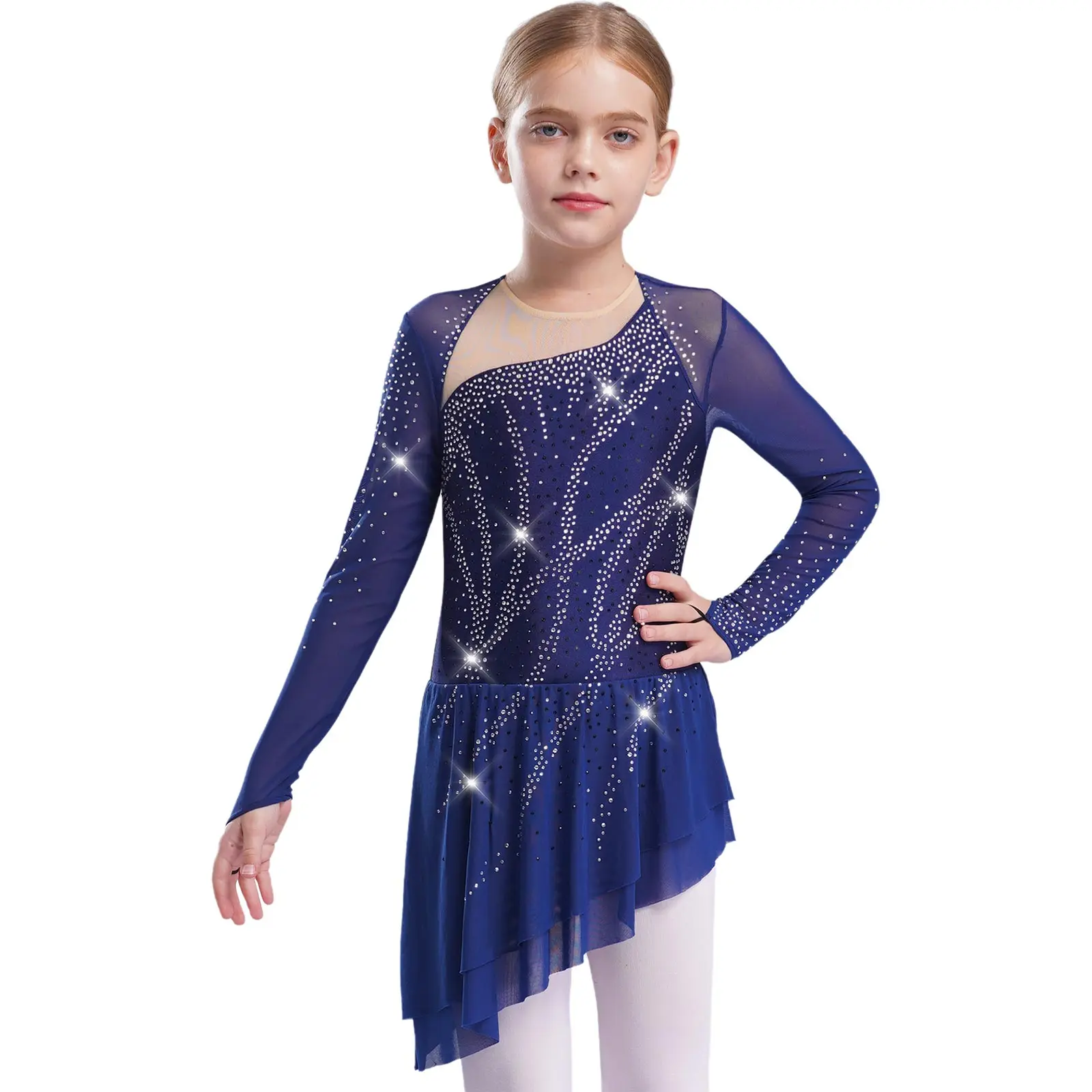 

Kids Girls Figure Skating Dress Modern Lyrical Ballet Dance Costume Sheer Mesh Cutout Asymmetric Hem Sparkly Rhinestones Dresses