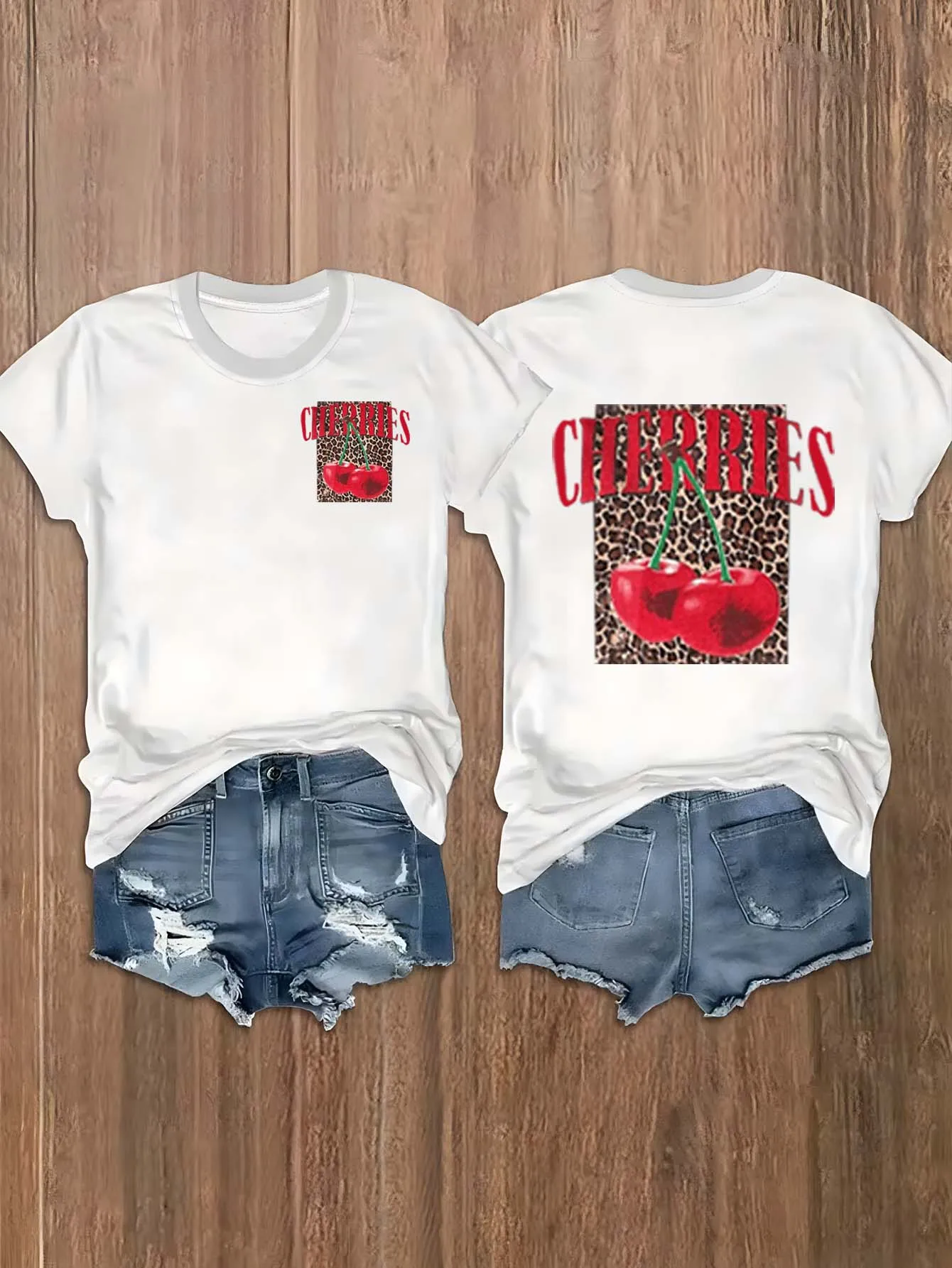 

Plus Size Leopard Cherry Graphic Front Small Back Large Print Elegant Fashion Tee