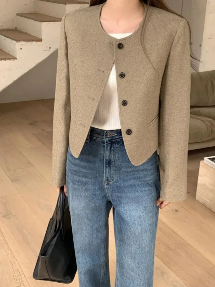 

Женская укороченная куртка на пуговицах в Корейском стиле с длинным рукавом и круглым вырезом, офисные женские модные пальто, однотонная простая осенне-зимняя повседневная женская верхняя одежда