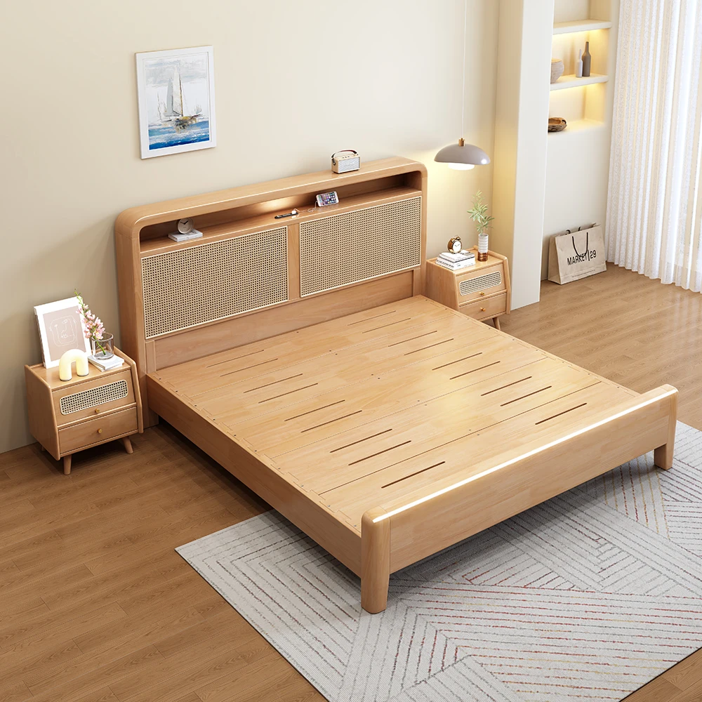 Modern north-Europe solid wood Luxury Bed Platform Sturdy King Size Bed Frame Bedroom Hotele Bed Set with Full Space Storage