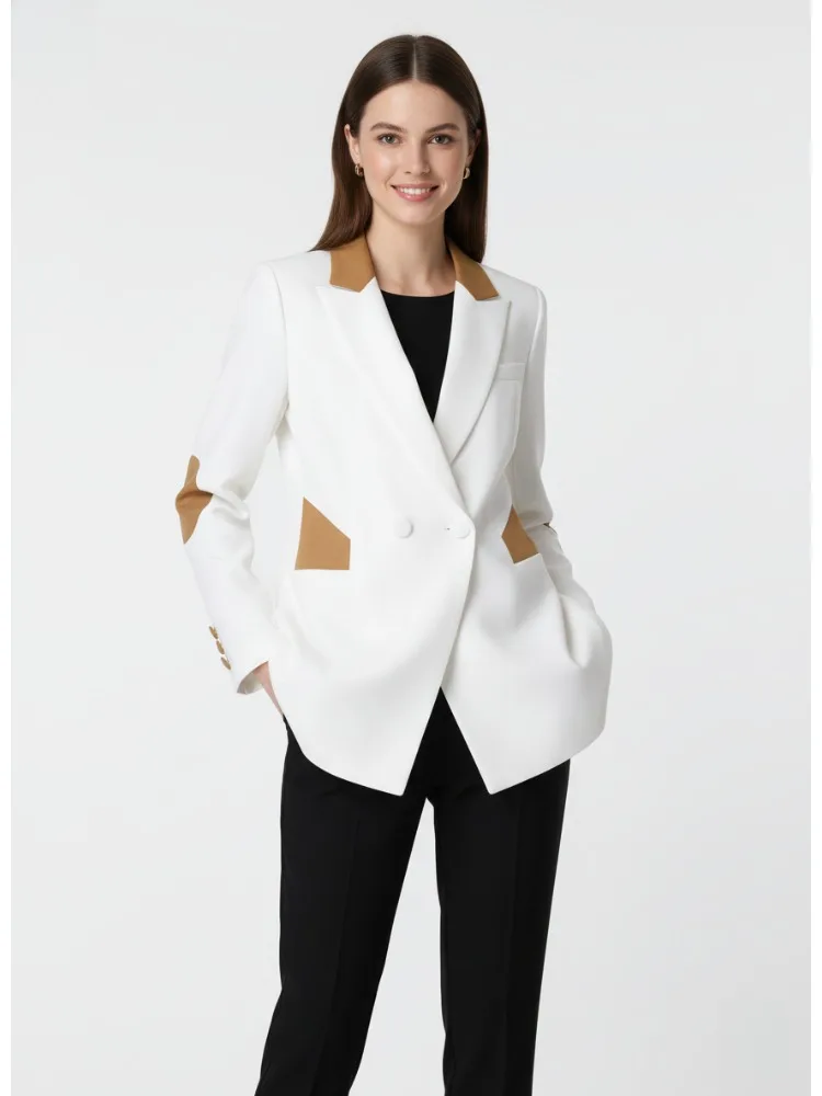 Bonboho 2025 Autumn New Women's White Contrast Collar Blazer Notch Lapel Buttoned Office Wear Jacket Commuter Coat & Outerwear