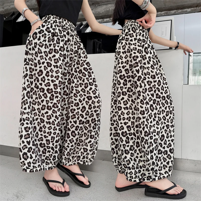 Children Summer Leopard Anti-Mosquito Ankle-Length Pants for Tweens Girl Flowy Trousers Thin Style Cropped Sweatpants Age 5-14 Y