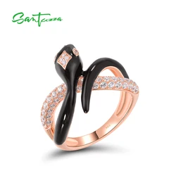 SANTUZZA Pure 925 Sterling Silver Rings For Women Sparkling White CZ Enamel Wild Snake Unique Animal Daily Wear Fine Jewelry