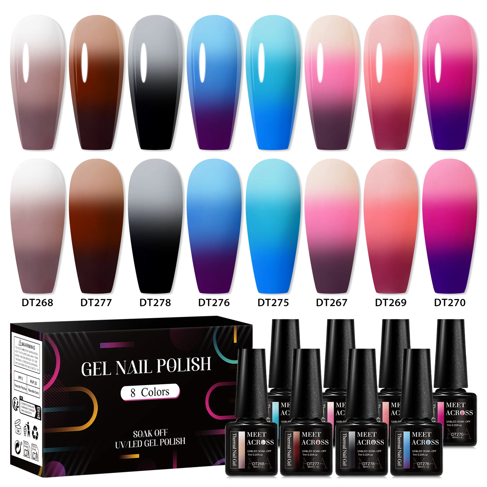 8pcs Thermal Gel Nail Polish Set 3 Layers Glitter Temperature Color Changing UV Gel Varnish Winter Colors Soak Off Nail Supplies