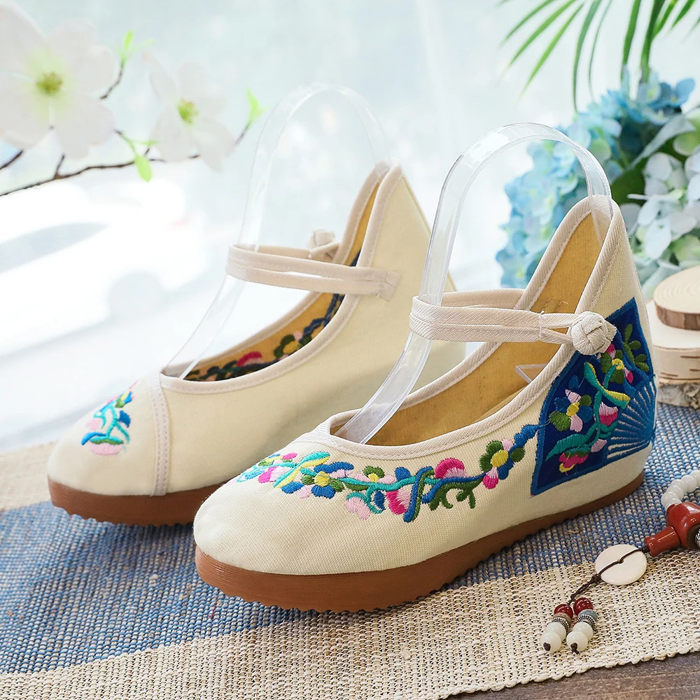 Veowalk Comfort Women Casual Canvas Sneakers, Vintage Ladies Flower Embroidery Denim Cotton Flat Platforms Old Beijing Shoes