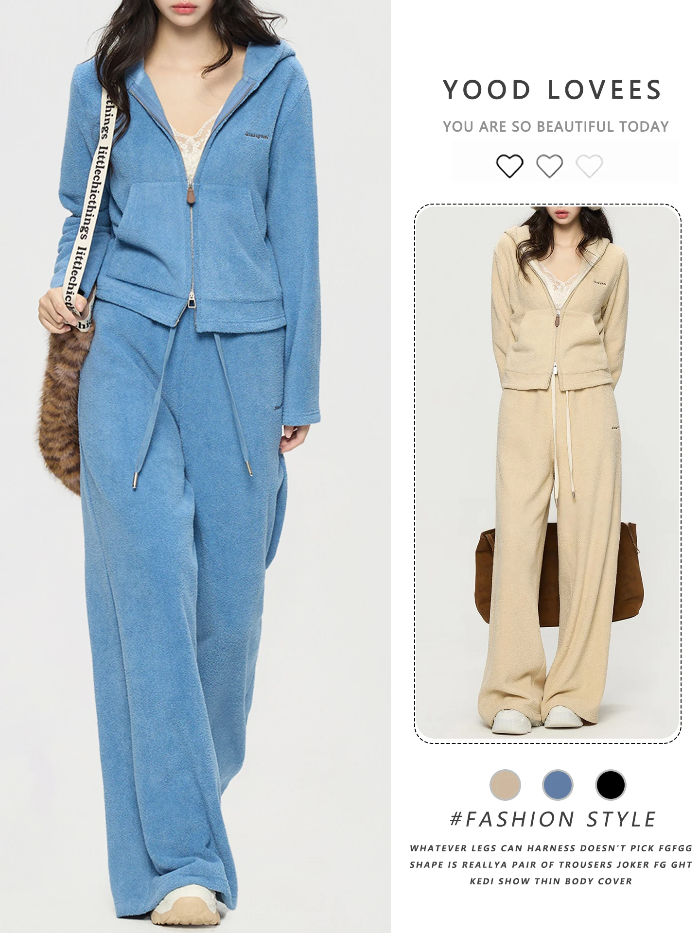 

Blue Hooded Sweatshirt Jacket Women's Spring Autumn New Style Casual Drawstring Wide Leg Pants Set Korean Lazy Style