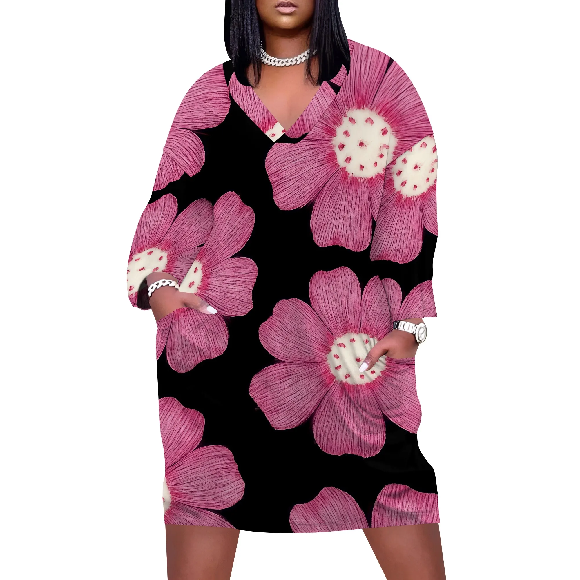 Floral Print Women's Maxi Dress XL-6XL, V-Neck Casual Summer Dress with Pockets, Pink Flowers on Black Background