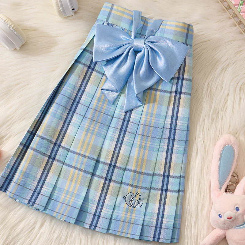 Embroidery Mini Skirts With Bowtie Women Summer Japanese School Pleated Skirt High Waist Kawaii Plaid Skirt Uniform Harajukur