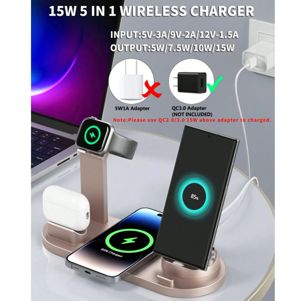 5 In 1 Wireless Charger Stand Pad For iPhone 15 14 13 12 11 X Apple Watch Airpods Desk Phone Chargers Fast Charging Dock Station