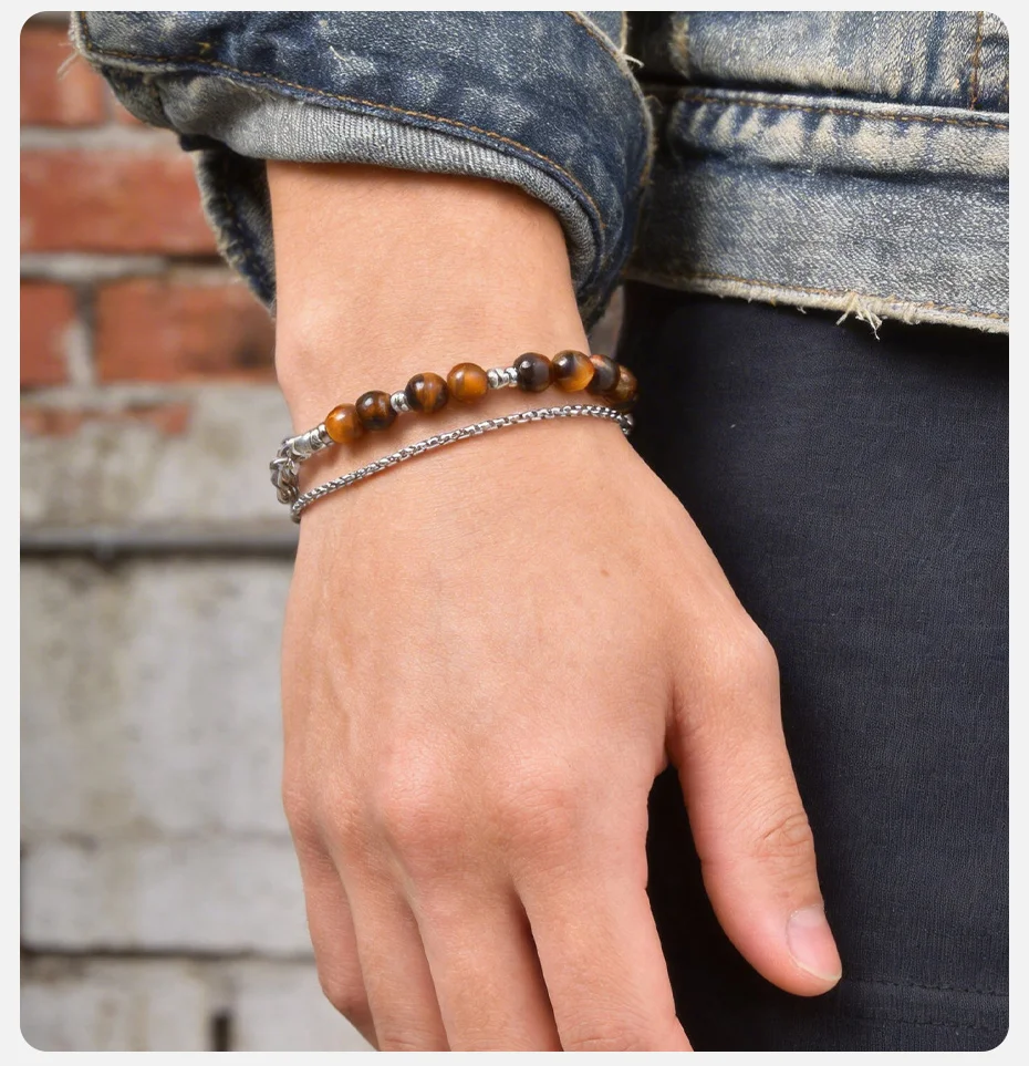 Vnox Herren Tigerauge-Perlen Kubanische Kette Armbänder, Edelstahl Gliederarmband Steinschmuck Geschenk für Vater Papa Ehemann Sohn Ihn – Detail 3