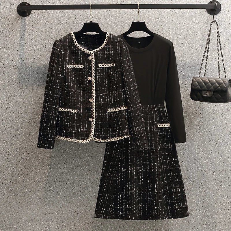 Women Tweed Jacquard Plaid Black Suit Pearl single breasted Jacket Coat Top+Dress Two Piece Set Outfit Winter Elegant Warm Cloth