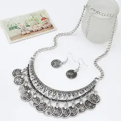 Vintage Women Coin Choker Boho Pendant Earrings Necklace Set Charm Ladies Jewelry Coin Style Choker Necklace Hook Earrings Set