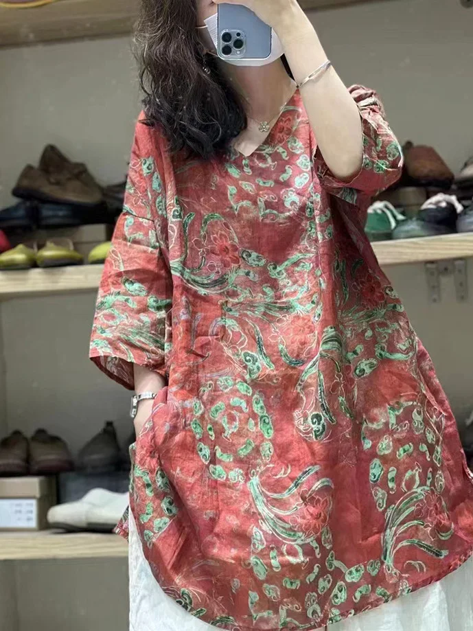 

Женская льняная футболка с красным принтом, свободный ор Све, длинный хлопковый льняной топ большого размера, новый китайский национальный тренд