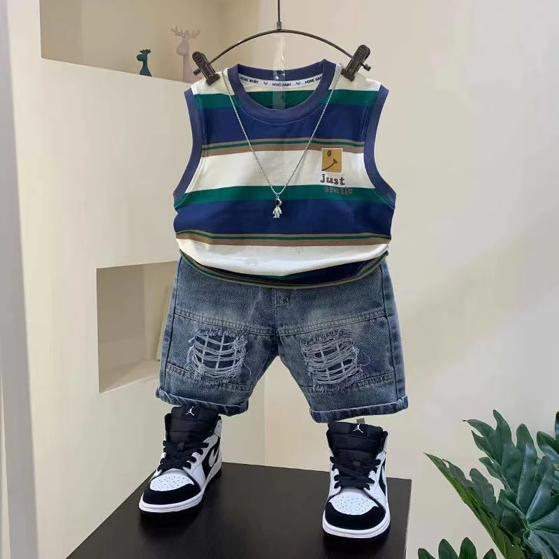 Striped Round Neck Pullover Cotton Sleeveless Shirt And Fashion Jeans Shorts 2pcs Summer Boutique Clothing Baby Boys Sport Suit