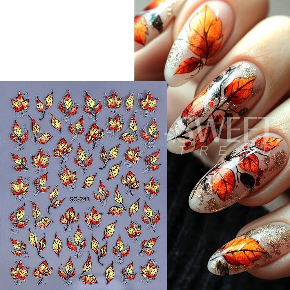 3D Autumn Maple Leaf Nail Art Stickers Yellow Brown Fall Leaf DIY Adhesive Nail Sliders Decals Thanksgiving Manicure Decor