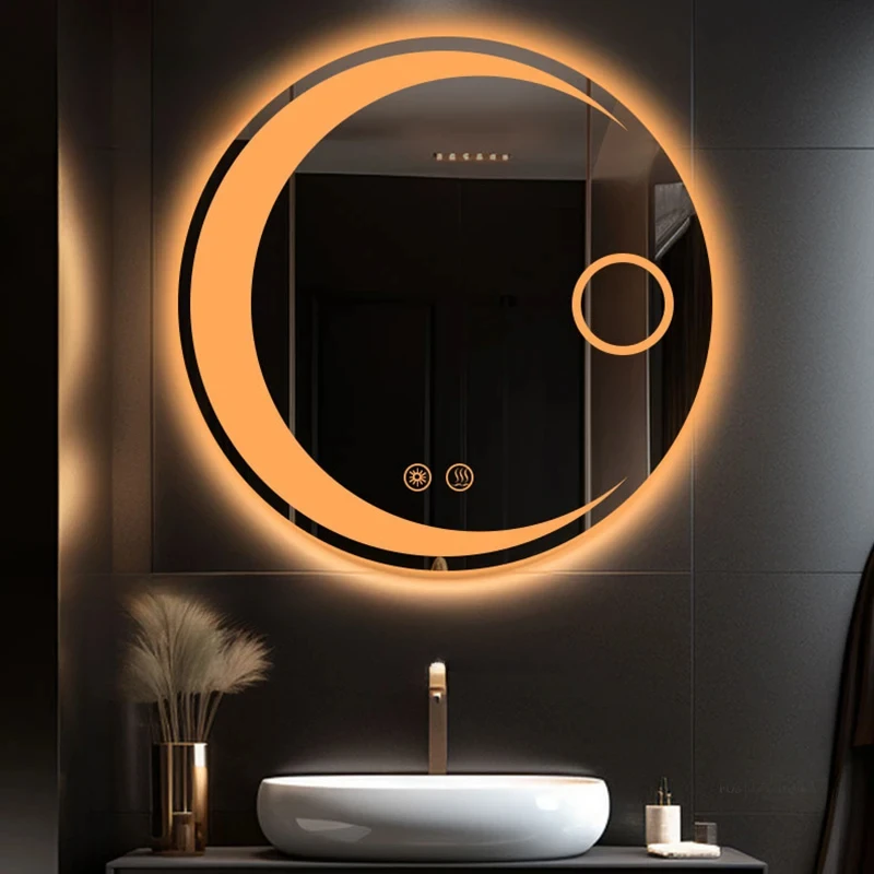 Modern Round Bath Mirrors Smart Hotel Bedroom Defogging Decorative Mirrors 3 Color Adjustable Backlight with LED Bathroom Mirror