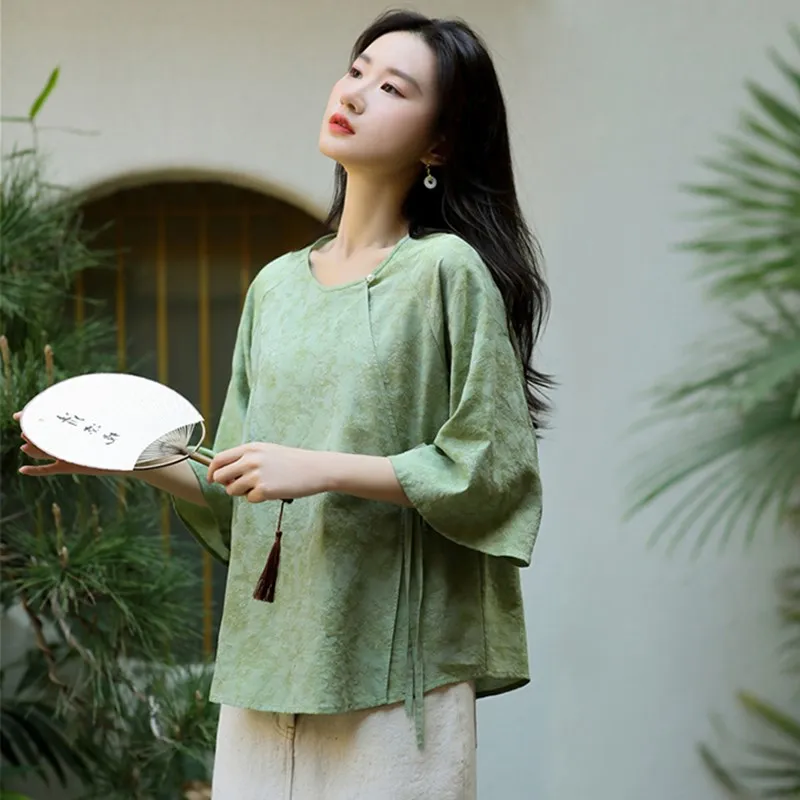 

Женский летний костюм в стиле ретро: тан-костюм, ханьфу, с цветочной вышивкой, на пуговицах, новый, в китайском стиле, с элементами реформированного костюма.