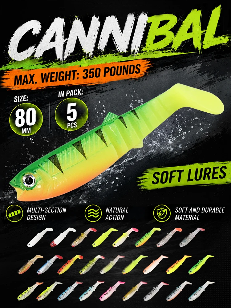MEREDITH Soft Baits 80mm 5pcs Artificial Soft Fishing Lures Wobblers Fishing Soft Lures 3D Eyes Silicone Shad Worm Bass Baits