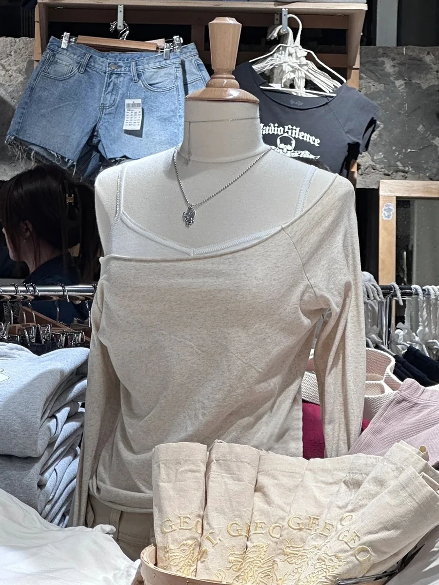 Raw Hem Slim Long Sleeve T-shirt Women Autumn Sexy Slash Neck Cotton Cropped Tee Shirt Simpe Basic Streetwear Tshirts Top Y2k