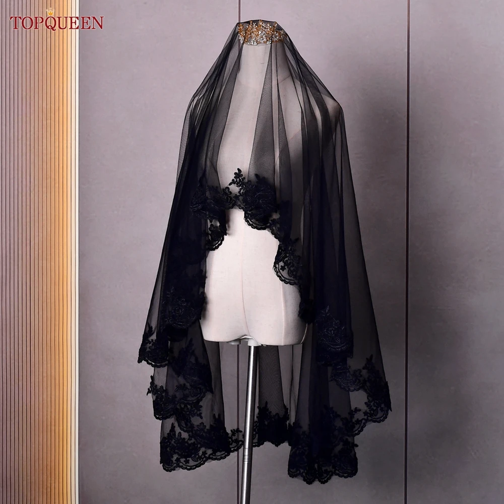 TOPQUEEN V65งานแต่งงานเจ้าสาวไม่มีหวี Drop Veil Elbow ความยาวผ้าคลุมหน้าสีดำด้านหน้าและกลับหน้า swiss Veu Duba