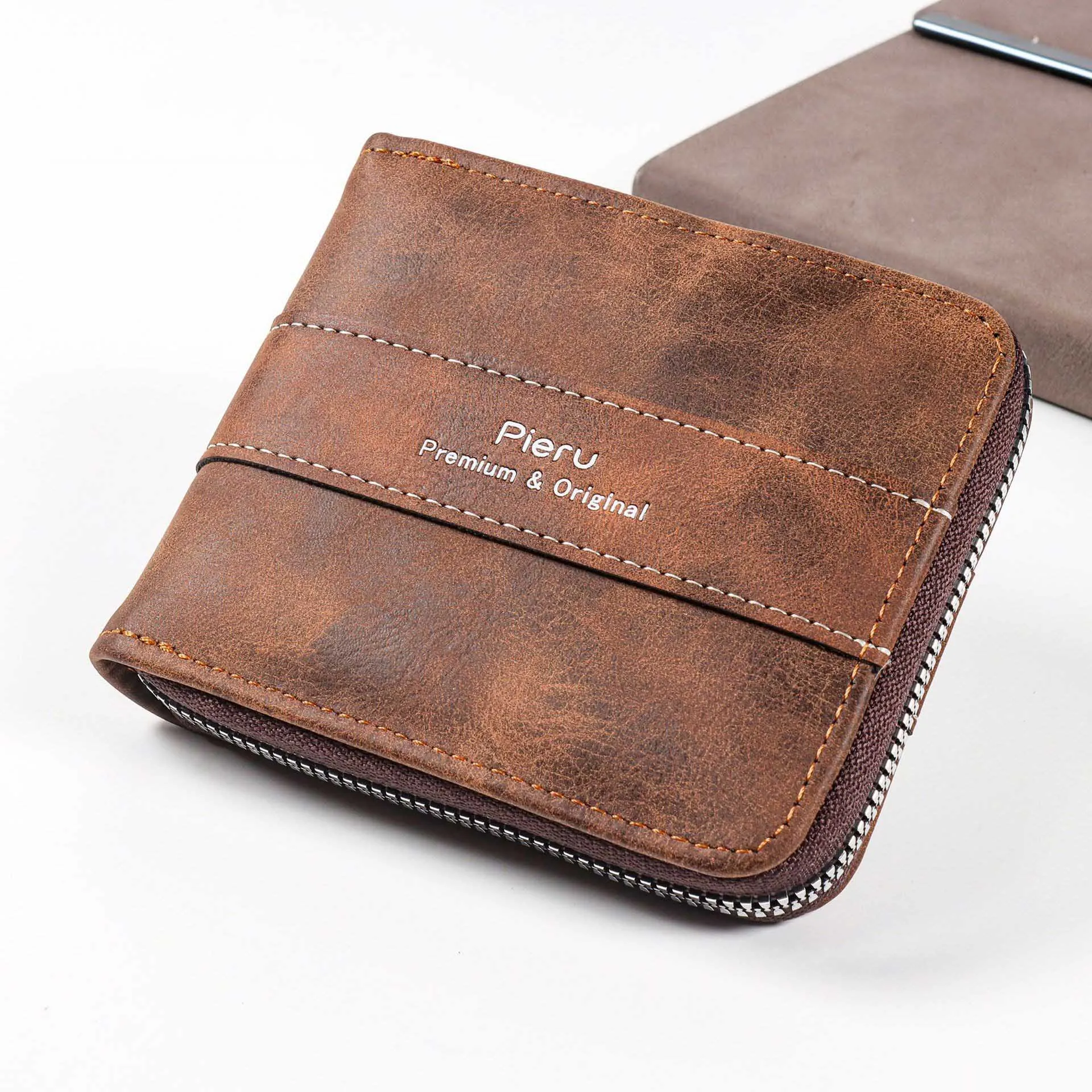 

Vintage Men's Wallet PU Leather Short Purse Men Zipper Clutch Solid Color Wallets High Quality Card Bag Horizontal Zero Wallet