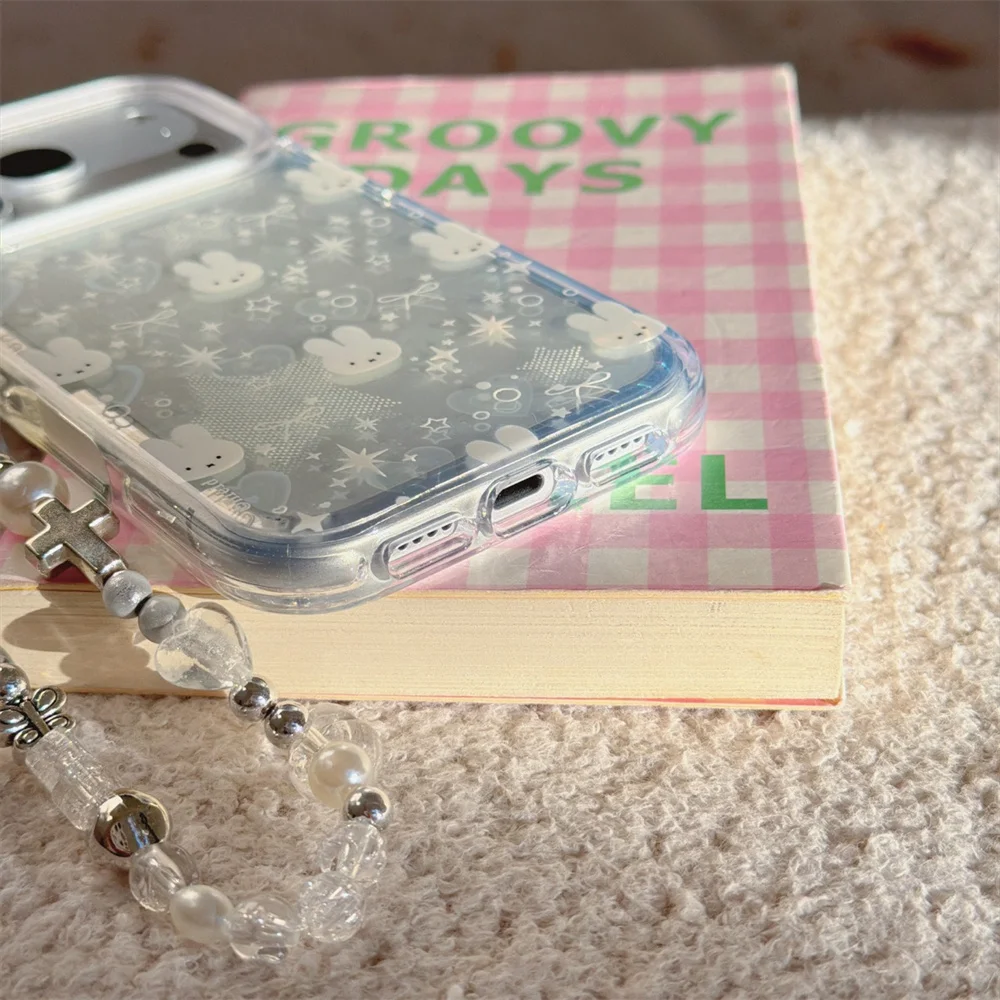 귀여운 별 리본 사랑 토끼 휴대폰 케이스 아이폰 13 14 15 16 17 프로 맥스용 힌지 포함 한국 INS 만화 충격 방지 케이스