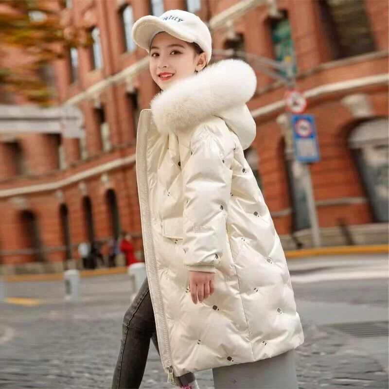 Girl Plush Hooded Jackets -30° Children Thicken Outerwear New Winter Glossy Coats Windproof Fashion Parkas Kids Warm Overcoat