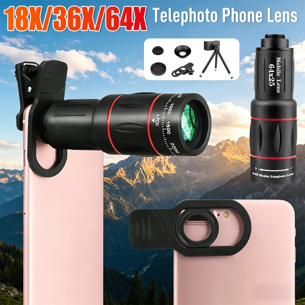 18/36/64X Telephoto Phone Lens with Tripod Universal External Zoom Camera Lens Long Focus Telephoto Lens for Android and iPhone