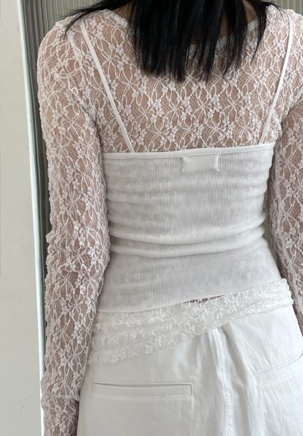 Women's Lace T-Shirt See Through Knitted Mesh Top Stretchy Fitted Long Sleeve Tees Spring Summer Teen-girl Y2K 90s Outfit