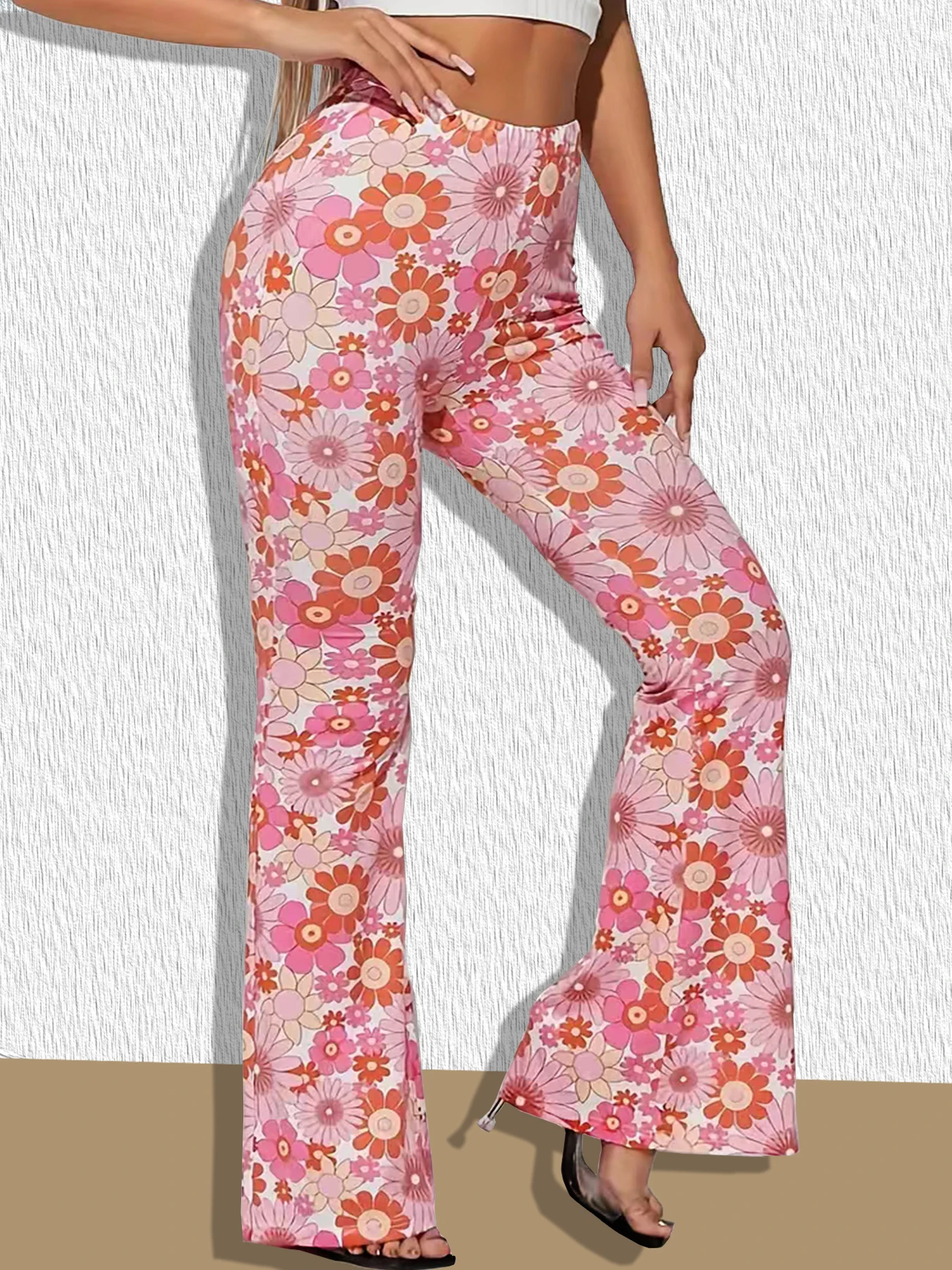 

Full printed bell bottomed pants casual pants knitted pants womens clothing pants European and American styles
