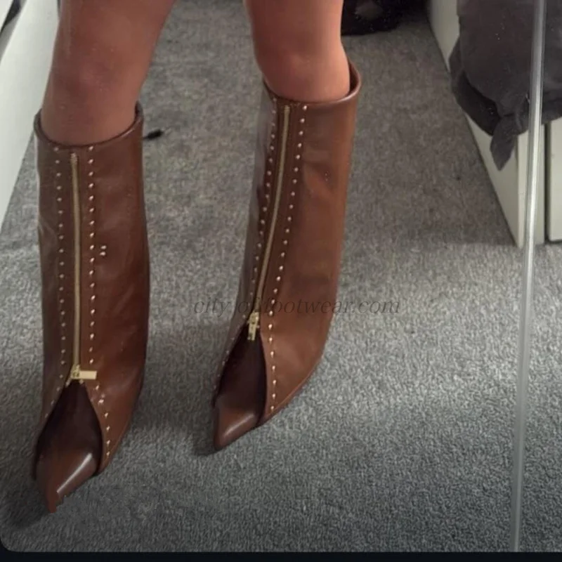 

Women's Sexy Flod Studded Zipper Mid Calf Boots Brown/Black/Wine Red Leather Shark Boots High Heels luxury designer party shoes