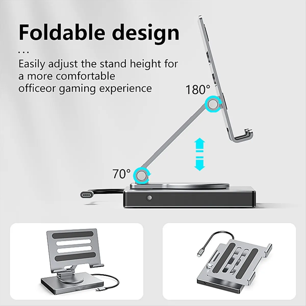 A49T 9 in 1 USB C Hub with 360° Rotating Stand -Compatible 4K60Hz PD 100W USB 5Gbps SD TF Aux 3.5mm for Pro Tablet
