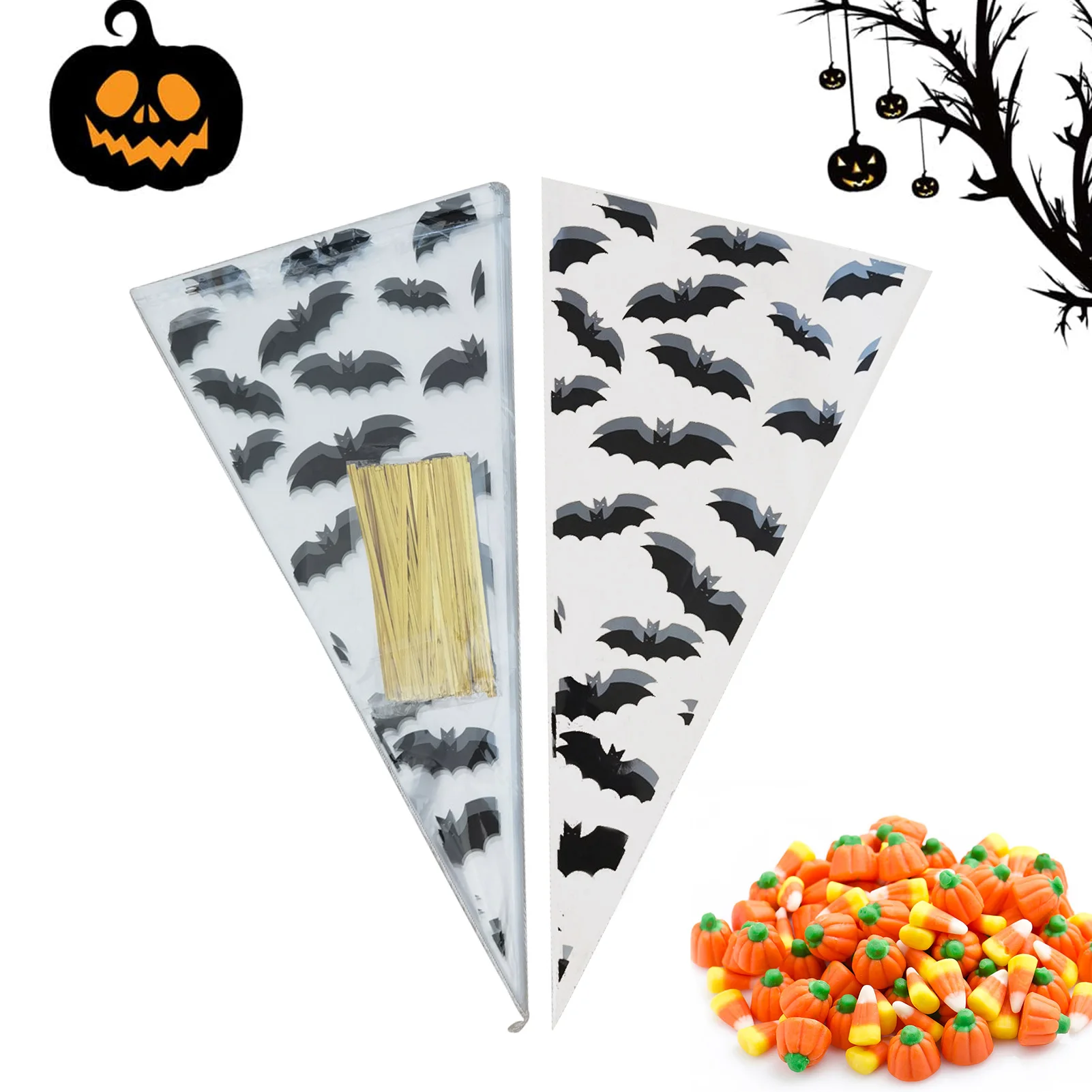 100Pcs Halloween Cone Bag Pumpkin Bat Spider Triangle-shape Candy Bags Halloween Gift Favor Package Treat Or Trick Candy Pocket