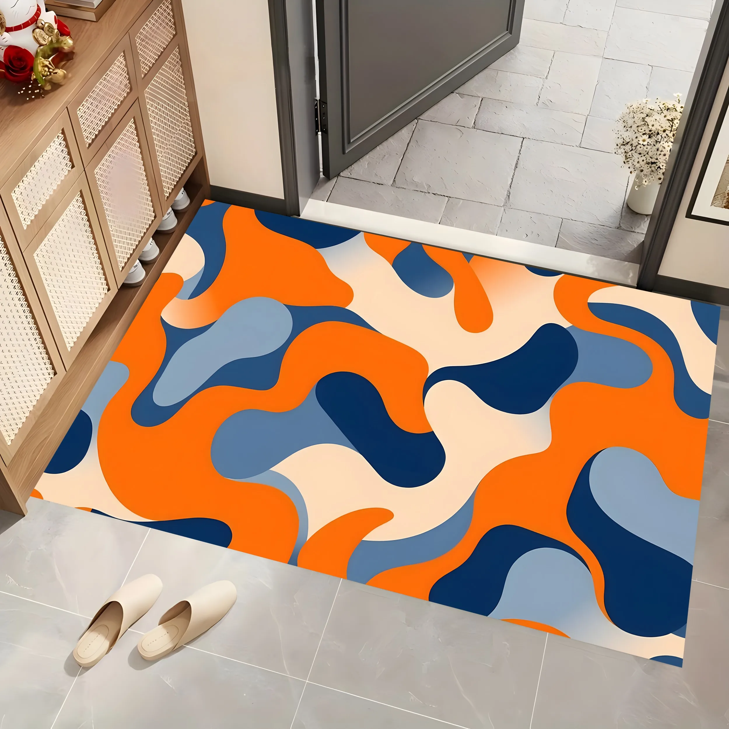 Large Carpet with Orange and Blue Color Blocking and Irregular Fluid Pattern, Modern Trendy Style, for Living Room Bedroom Sofa