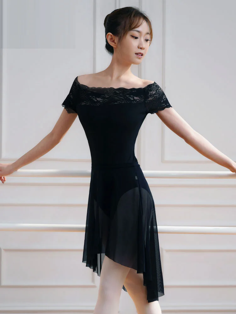 Body per balletto per le donne abbigliamento da ballo pizzo nero una spalla indietro vestiti per Ballerina per adulti body a maniche lunghe Costume Stand-up